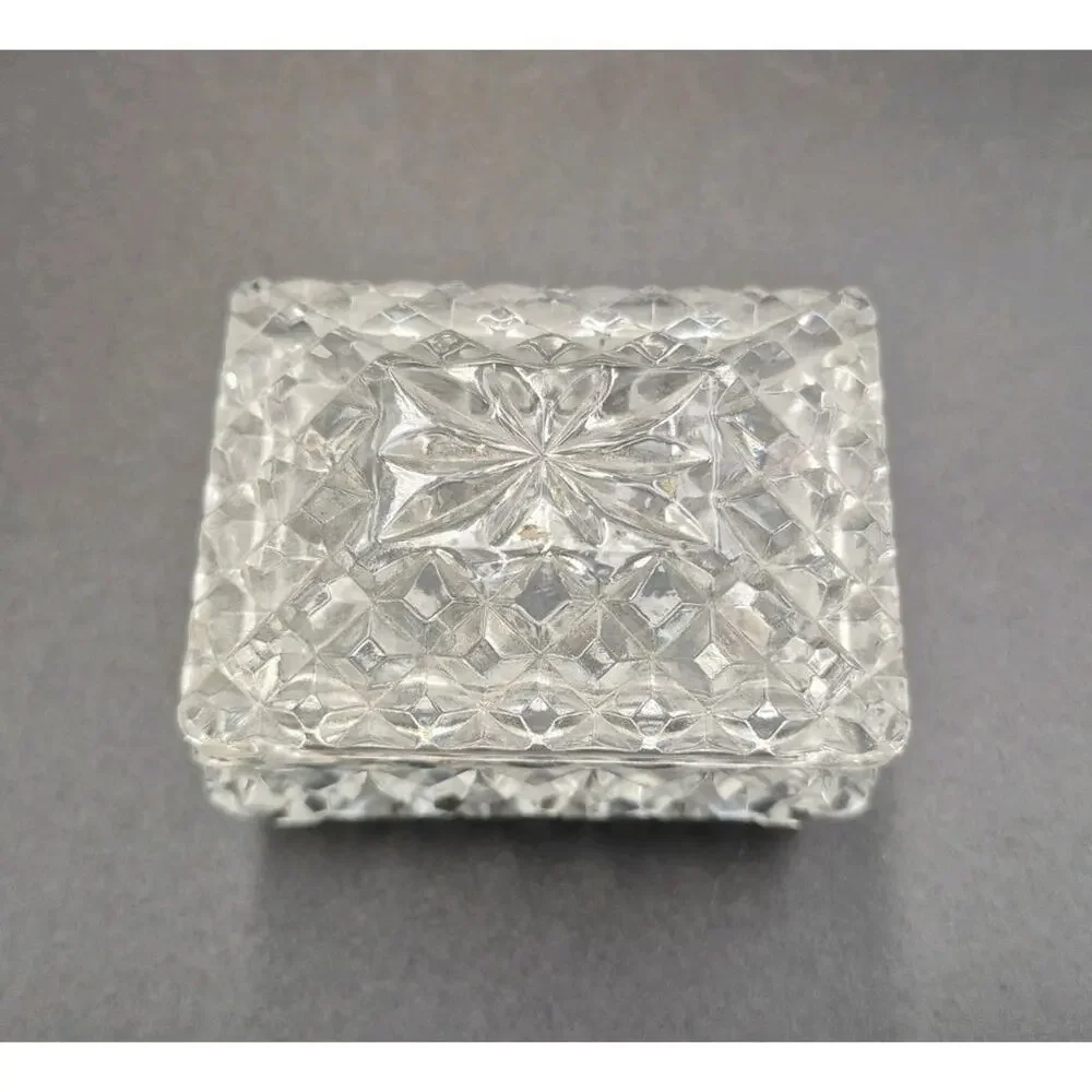 Vintage Small Crystal Casket Trinket Box Lid Starburst Crosshatch 2.75x2x2.5